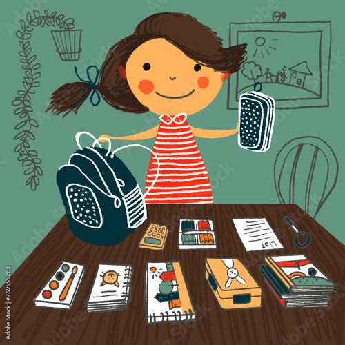 The girl collects a backpack to school