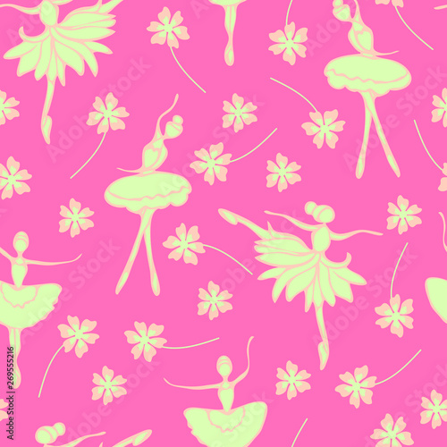 Dancing ballerina silhouette on pink background with flowers
