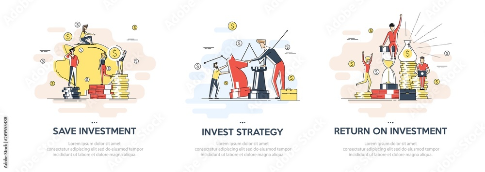 Flat linear illustration of Investing Plans set concept. Vector banner, icon, illustration. Save Investment. Strategy and return on investment. Isolated on white background. Flat linear illustration of Investing Plans set concept. Vector banner, icon, illustration. Save Investment. Strategy and return on investment. Isolated on white background.