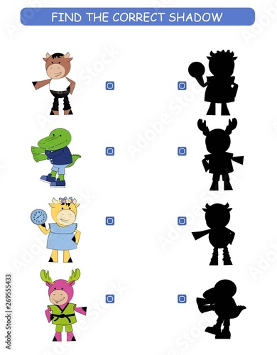 Find the correct shadow. Kids educational game. Cartoon animal: bull, alligator, cow, elk.  © Maria