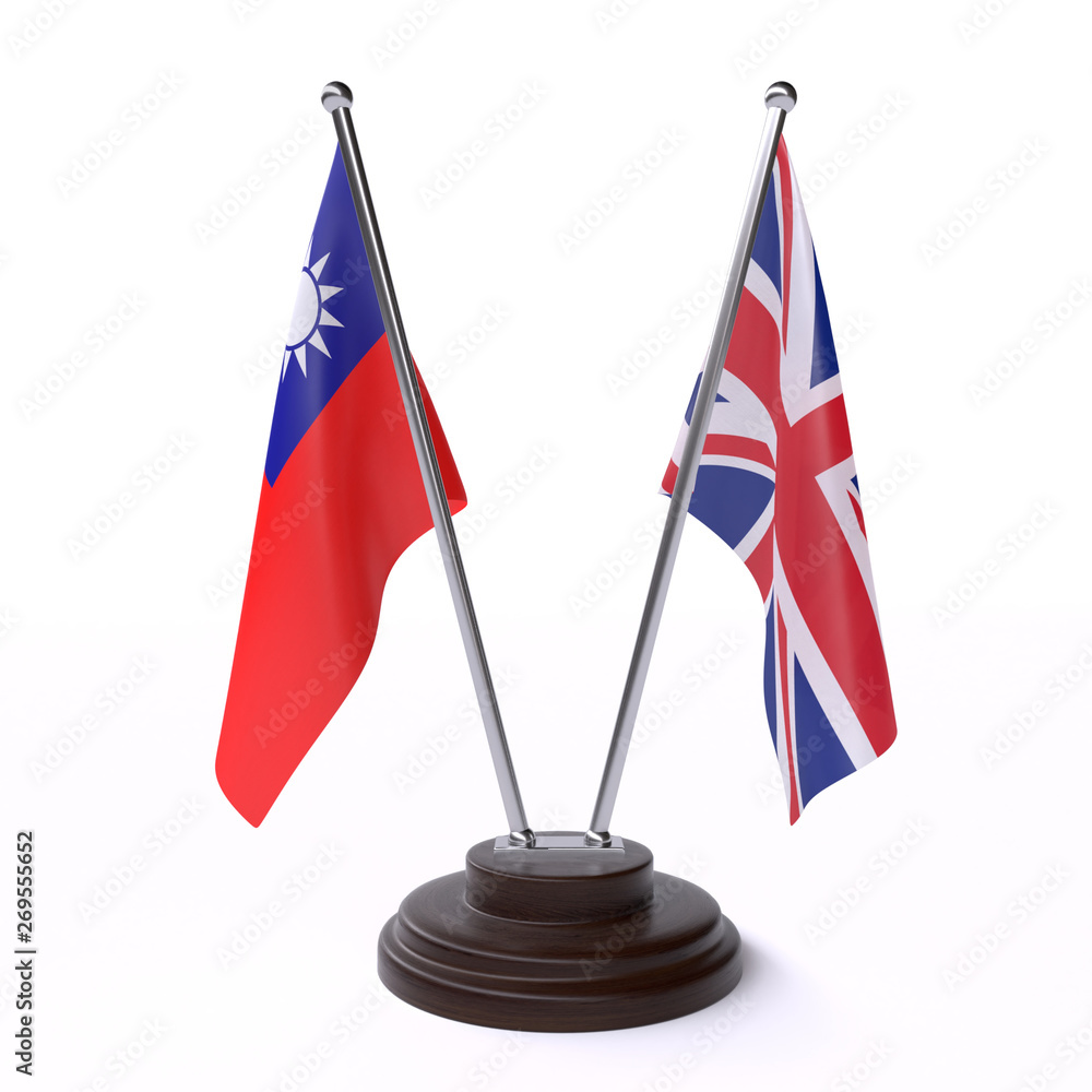 Taiwan and UK, two table flags isolated on white background. 3d image