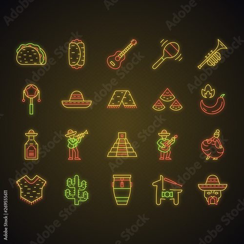 Mexican culture neon light icons set