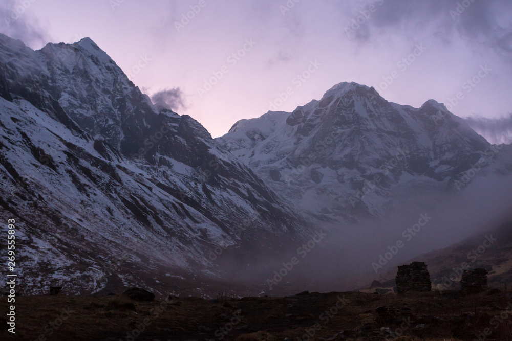 View of Mount Annapurna South (7219 m) from Annapurna Base Camp on sunrise, Annapurna Conservation Area, Himalaya, Nepal. View of Mount Annapurna South (7219 m) from Annapurna Base Camp on sunrise, Annapurna Conservation Area, Himalaya, Nepal.