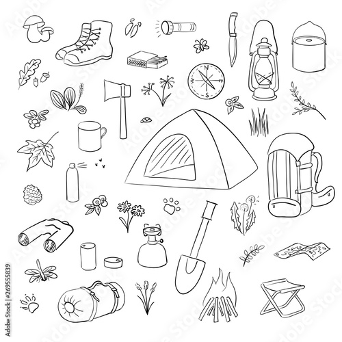 Camping Hiking icons set. Camping equipment vector collection. Binoculars, bowl, barbecue, lantern, shoes, Backpack, tent, campfire.