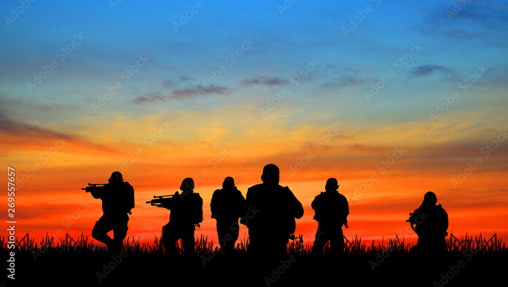 Silhouette of soldier  battlefield on a sunset