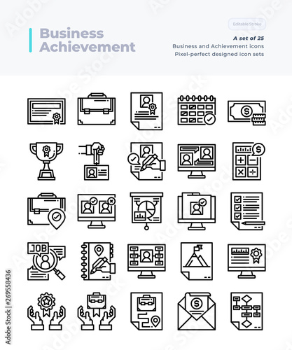 Detailed Vector Line Icons Set of Business Achievement .64x64 Pixel Perfect and Editable Stroke.