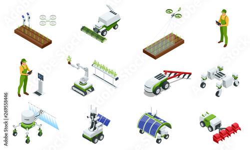 Isometric modern smart industrial greenhouse. Set of Artificial intelligence robots in agricultural. Organic food, agriculture and hydroponic