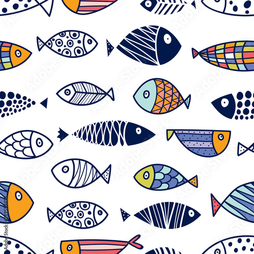 Cute fish.  Kids line background. Seamless pattern. Can be used in textile industry, paper, background, scrapbooking.