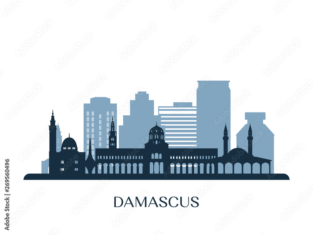 Damascus skyline, monochrome silhouette. Vector illustration.