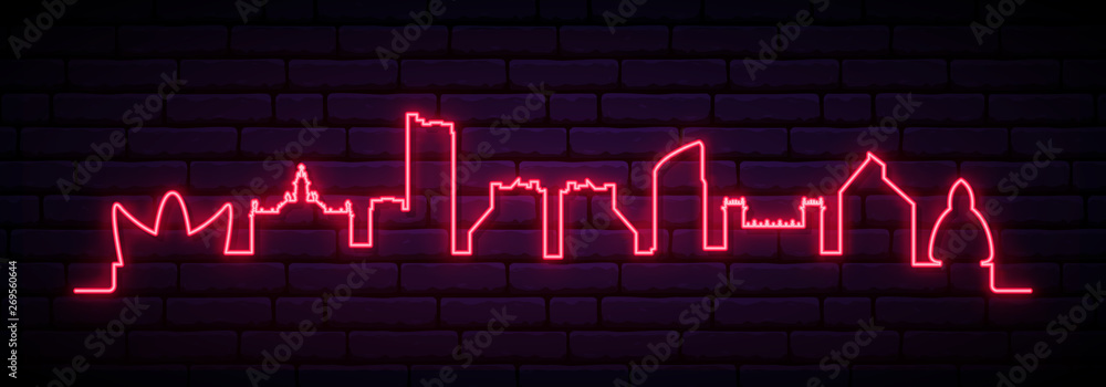 Fototapeta premium Red neon skyline of Valencia city. Bright Valencia long banner. Vector illustration.