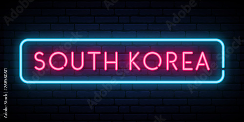 South Korea neon sign. Bright light signboard. Vector banner.