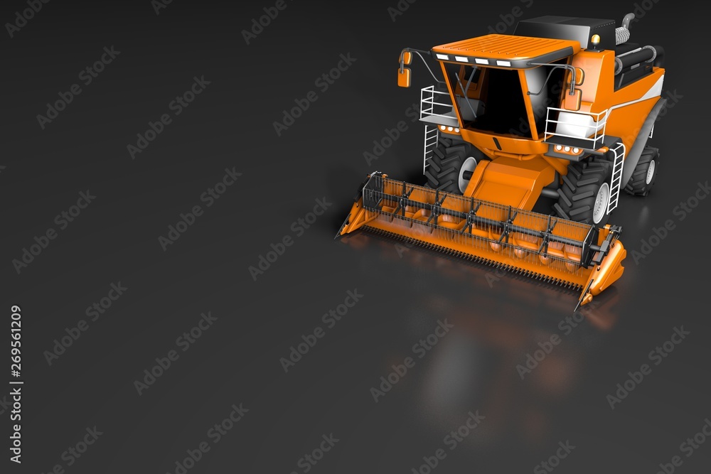 industrial 3D illustration of big beautiful orange rye agricultural combine harvester front top view with reflection on dark grey, mockup with place for text industrial 3D illustration of big beautiful orange rye agricultural combine harvester front top view with reflection on dark grey, mockup with place for text