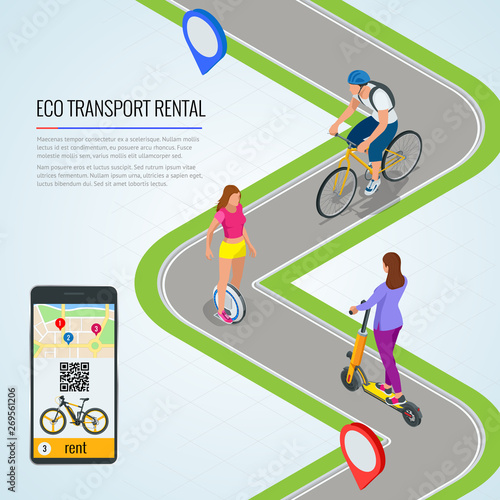 Isometric electric scooters and bike for rent at station and cashier machine for payment. Mobile application on the phone for renting a scooter in the city. Urban transportation. Modern technologies.