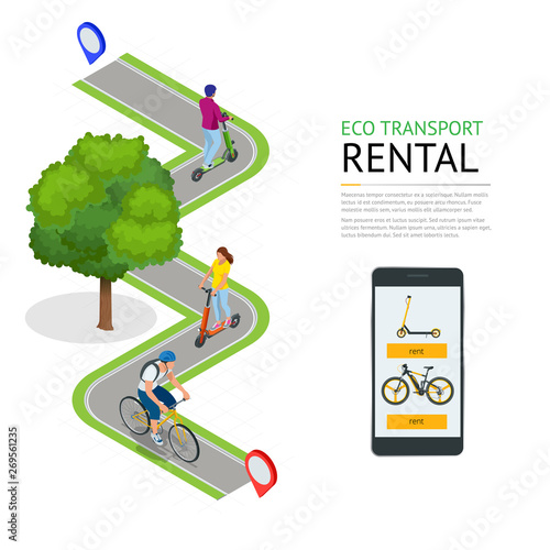 Isometric electric scooters and bike for rent at station and cashier machine for payment. Mobile application on the phone for renting a scooter in the city. Urban transportation. Modern technologies.
