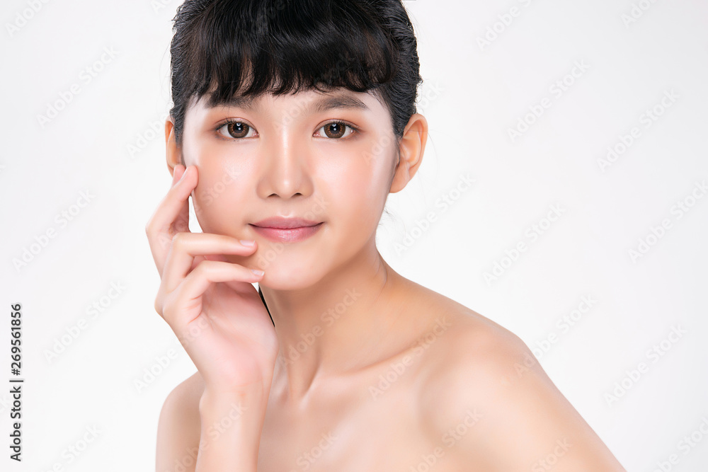 Beautiful Young Woman with Clean Fresh Skin touch own face. Facial treatment, Beautiful Young Woman with Clean Fresh Skin touch own face. Facial treatment,