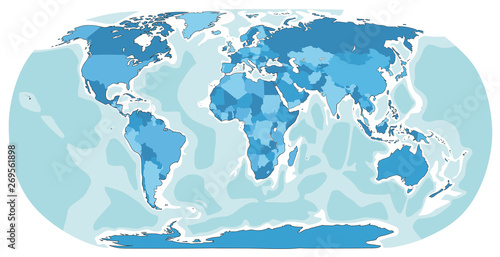 World map hand drawn illustration. Cartoon style. Blue color