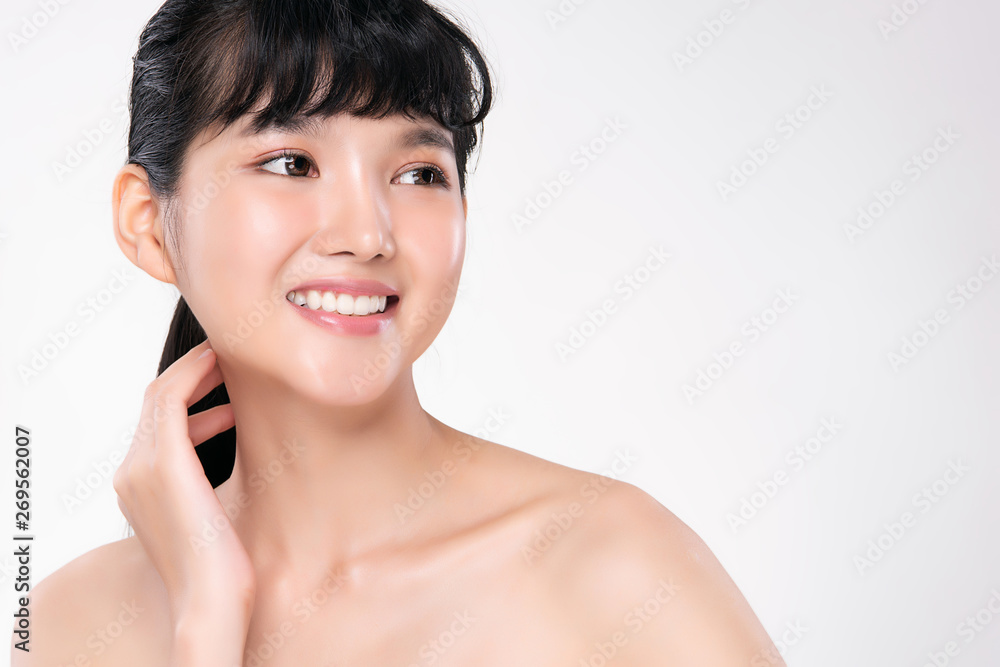 Beautiful smiling asian woman with clean skin on white background, Beautiful smiling asian woman with clean skin on white background,
