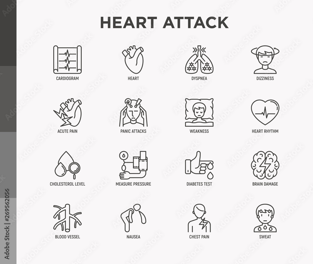 Heart attack symptoms thin line icons set: dizziness, dyspnea, cardiogram, panic attack, weakness, acute pain, cholesterol level, nausea, diabetes. Modern vector illustration. Heart attack symptoms thin line icons set: dizziness, dyspnea, cardiogram, panic attack, weakness, acute pain, cholesterol level, nausea, diabetes. Modern vector illustration.