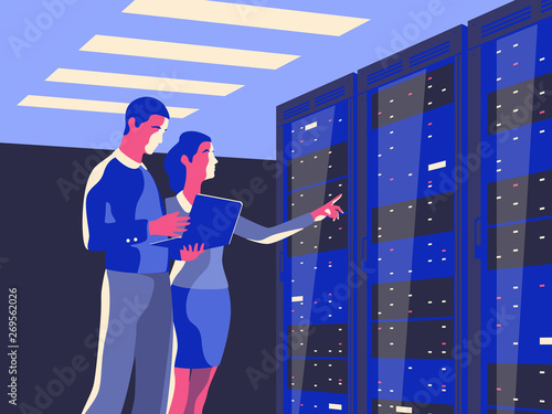 Male IT Specialist Holds Laptop and Discusses Work with Female Server Technician. Vector illustration.