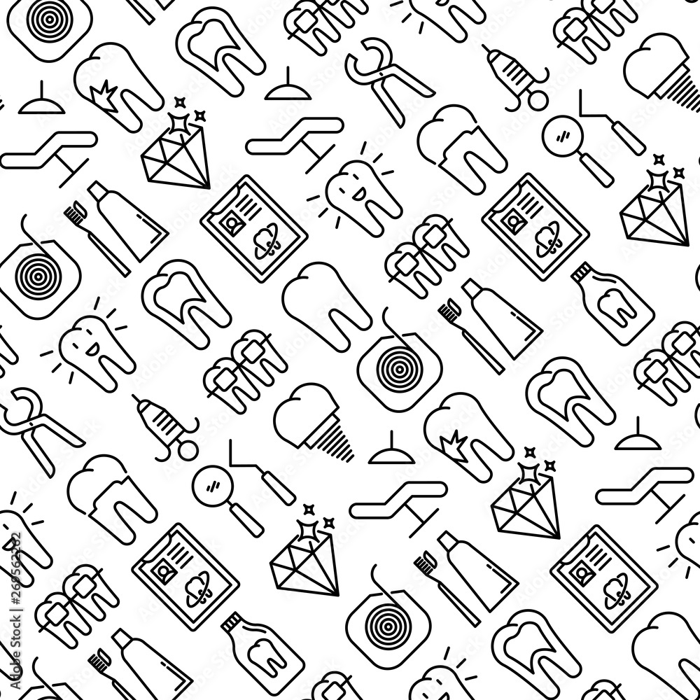 Dental clinic seamless pattern with thin line icons related to teeth treatment, dental equipment, oral hygiene. Vector illustration for web page, banner, print media. Dental clinic seamless pattern with thin line icons related to teeth treatment, dental equipment, oral hygiene. Vector illustration for web page, banner, print media.