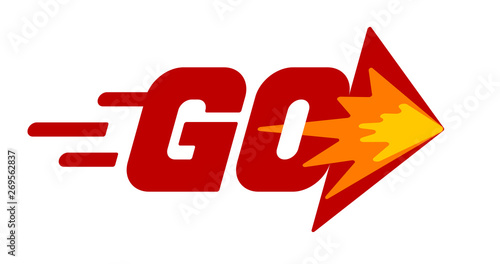 Word Go with arrow. Red vector lettering on white background