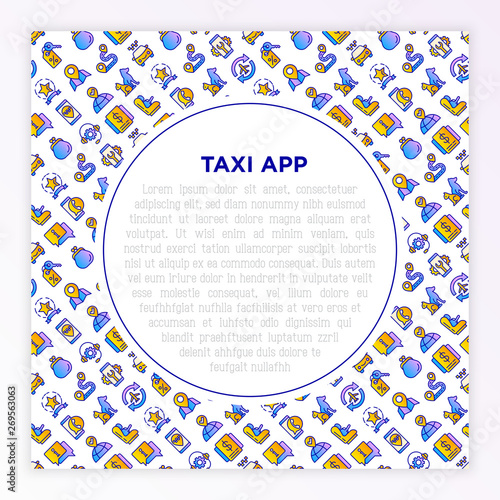 Taxi app concept with thin line icons: payment method, promocode, app settings, info, support service, phone number, route, destination, airport transfer, baby seat. Vector illustration.