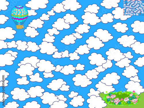 Logic puzzle game with labyrinth for children. Help the air balloon find the way to fly between the clouds and land in the meadow. Printable worksheet for brainteaser book. Vector cartoon image.