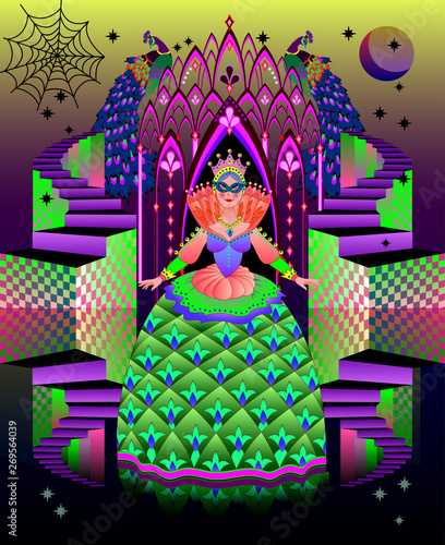 Fantasy illustration of ancient medieval fairy in fairyland kingdom. Fantastic Gothic environment with beautiful Western Europe carnival decoration. Cover for baby book. Modern print. Cartoon image.