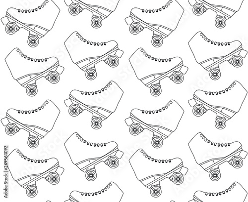 Vector seamless pattern of flat cartoon black line drawn roller skates isolated on white background 