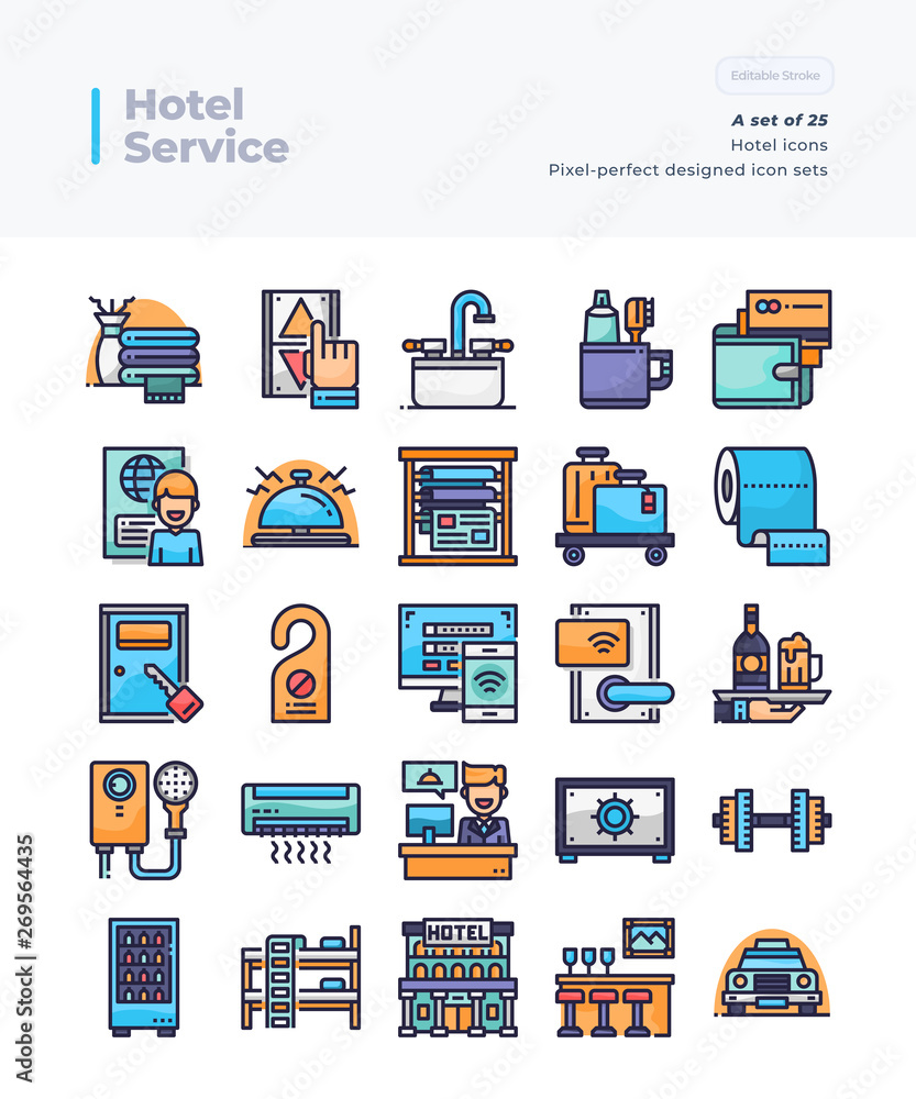 Detailed Vector Line Icons Set of Hotel Service .64x64 Pixel Perfect and Editable Stroke.