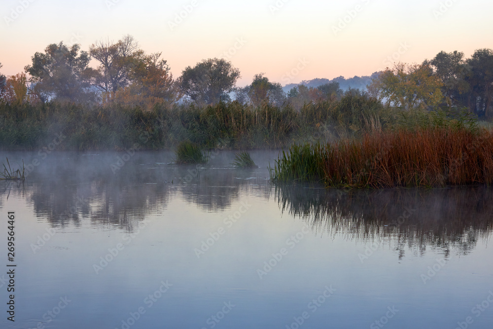 Haze over the river in the early autumn morning. Reeds mist fog and water surface on the river at sunrise