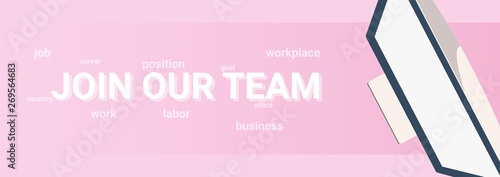 We are hiring and work searches. Banner with computer.