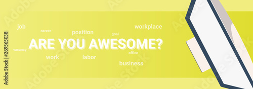 We are hiring and work searches. Banner with computer.