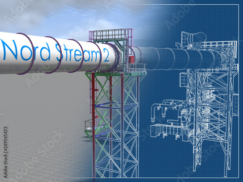 Nord stream 2. BIM model of an engineering project for the construction of the Nord stream 2 gas pipeline. Building Information Modeling. 3D rendering. photo