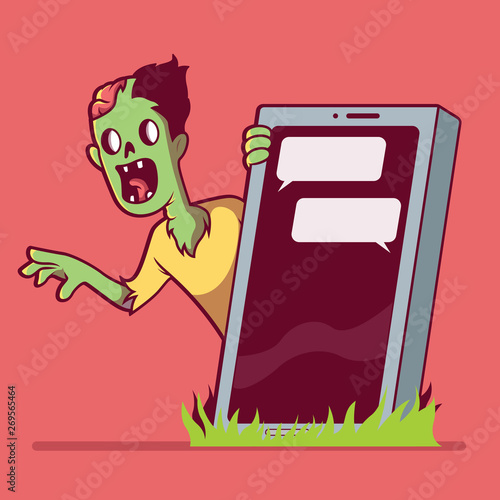 Zombie behind a smartphone grave vector illustration. Zombie, technology, death, social media, addiction design concept 