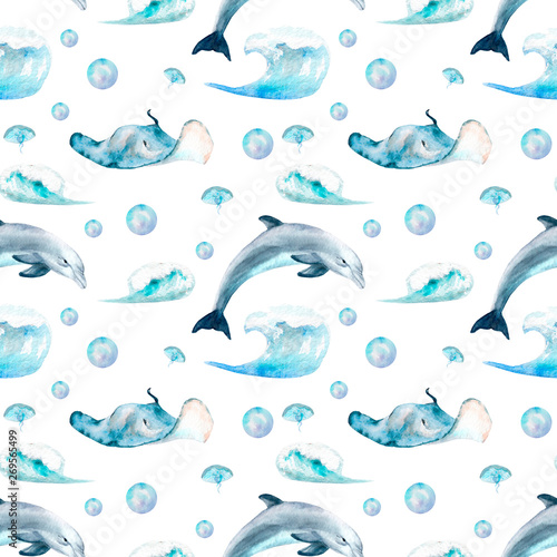 watercolor drawings on the theme of the ocean  the sea - seamless pattern
