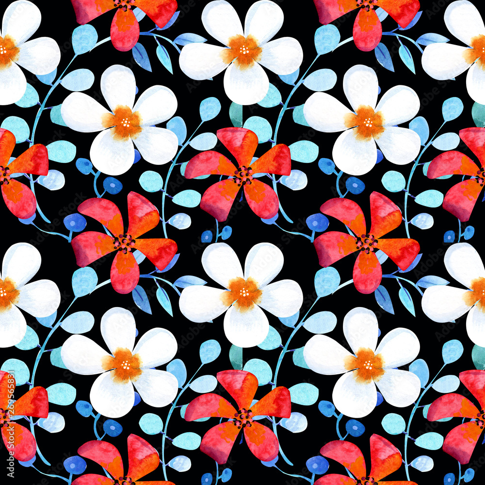 Obraz premium Seamless pattern with colorful tropical design. Hibiscus, plumeria . Hand painted in watercolor.