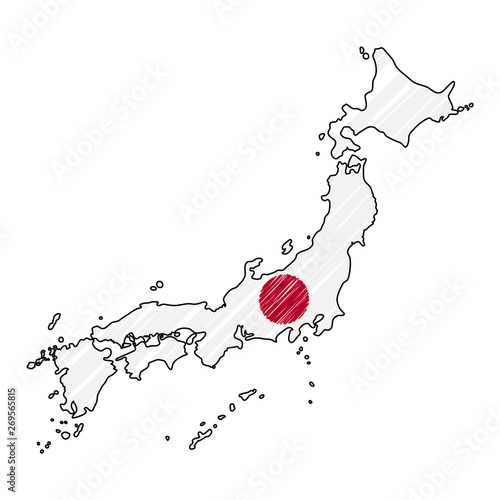 Japan map hand drawn sketch. Vector concept illustration flag, childrens drawing, scribble map. Country map for infographic, brochures and presentations isolated on white background. Vector