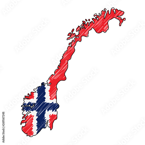 Norway map hand drawn sketch. Vector concept illustration flag, childrens drawing, scribble map. Country map for infographic, brochures and presentations isolated on white background. Vector