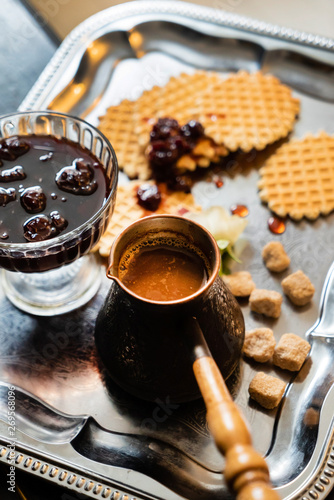 tasty breakfast - waffles, coffee and jam