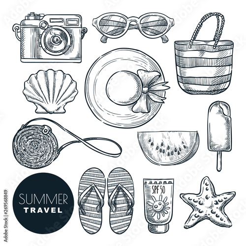 Summer travel, vector sketch illustration. Hand drawn fashion accessories for beach vacation. Design elements set