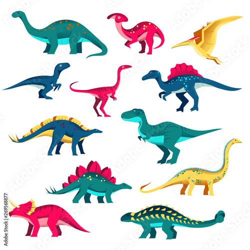Dinosaur set. Vector colorful flat illustration. Cute dino collection, kids design elements isolated on white background