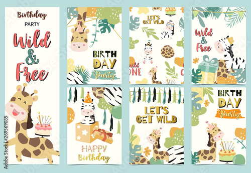 Green birthday card with giraffe,zebra and standing,cake,palm and balloon