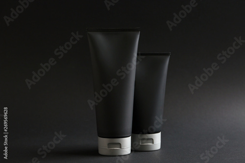 Konstfotografi Set of men's cosmetic on black background. Mockup for design