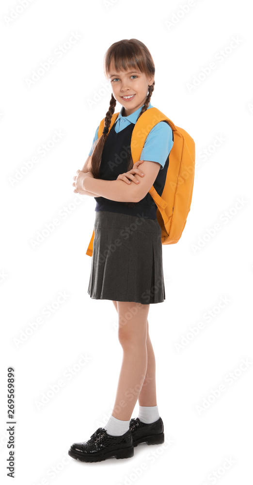 Full length portrait of cute girl in school uniform with backpack on white background Full length portrait of cute girl in school uniform with backpack on white background