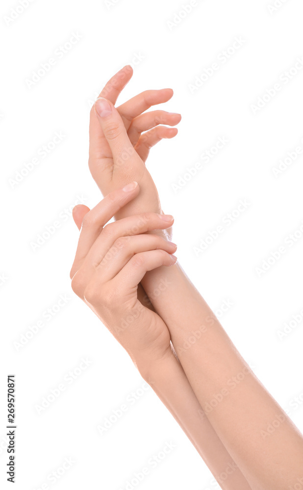 Young woman with perfect smooth skin and manicure on white background, closeup view of hands Young woman with perfect smooth skin and manicure on white background, closeup view of hands
