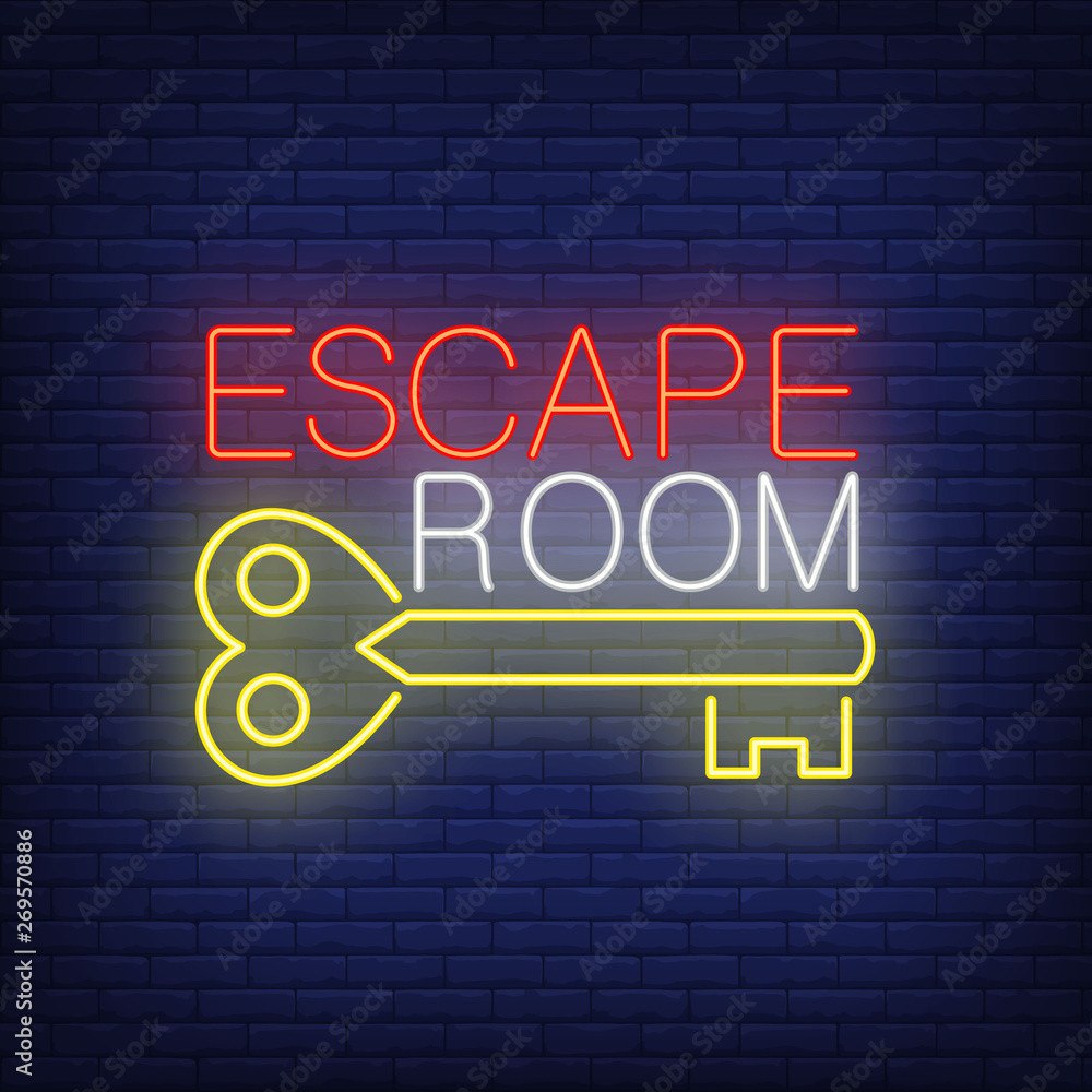Escape room neon sign. Vintage key and text on brick wall background
