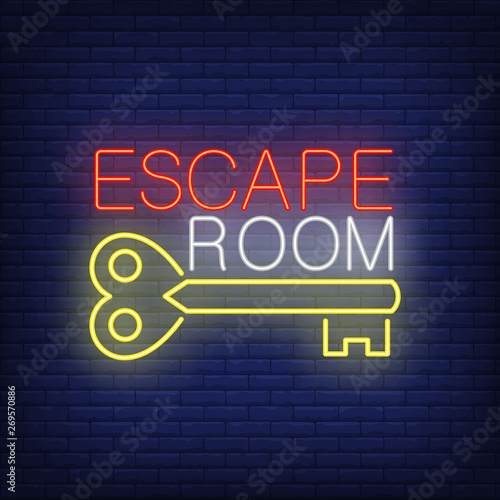 Escape room neon sign. Vintage key and text on brick wall background. Glowing banner or billboard elements. Vector illustration in neon style for topics like quest, escape room, game