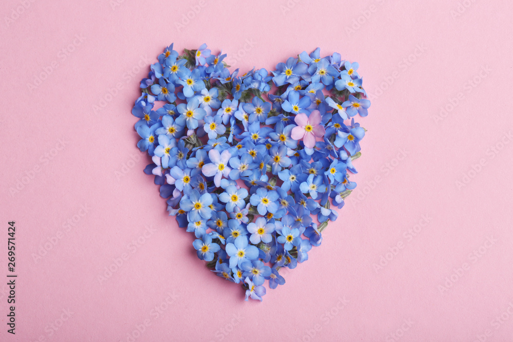 Heart made of amazing spring forget-me-not flowers on color background, top view Heart made of amazing spring forget-me-not flowers on color background, top view