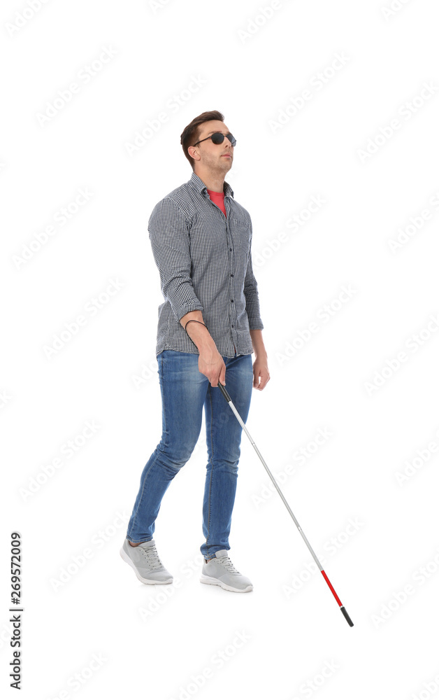 Young blind person with long cane walking on white background Young blind person with long cane walking on white background
